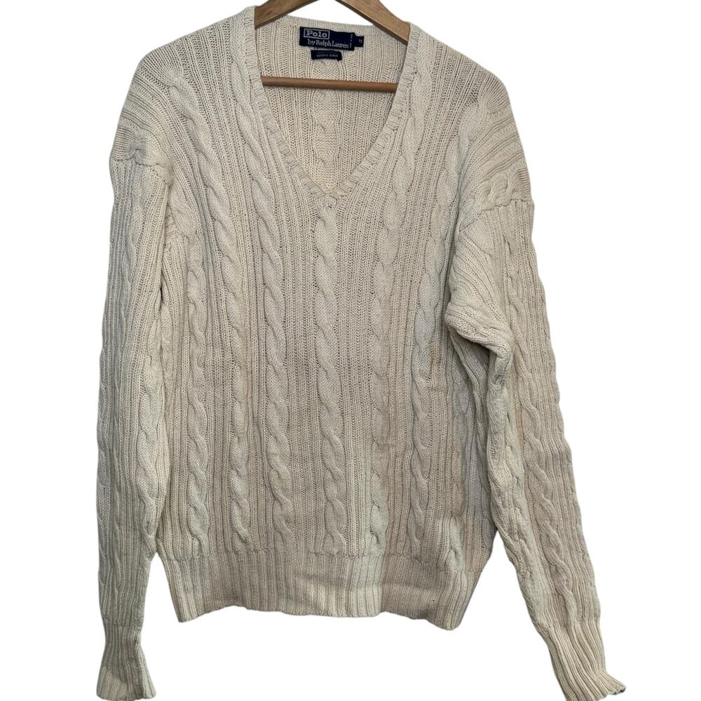 Vintage Polo Ralph Lauren Hand Knit Cream Cotton Cable Knit V-Neck XL Sweater